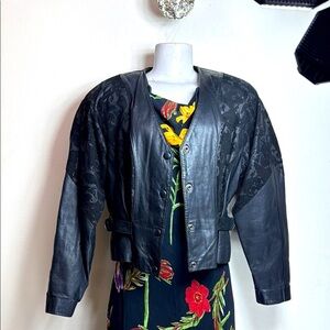 (T6) Chia Vintage 70 Black Textured Leather Jacket, Size S